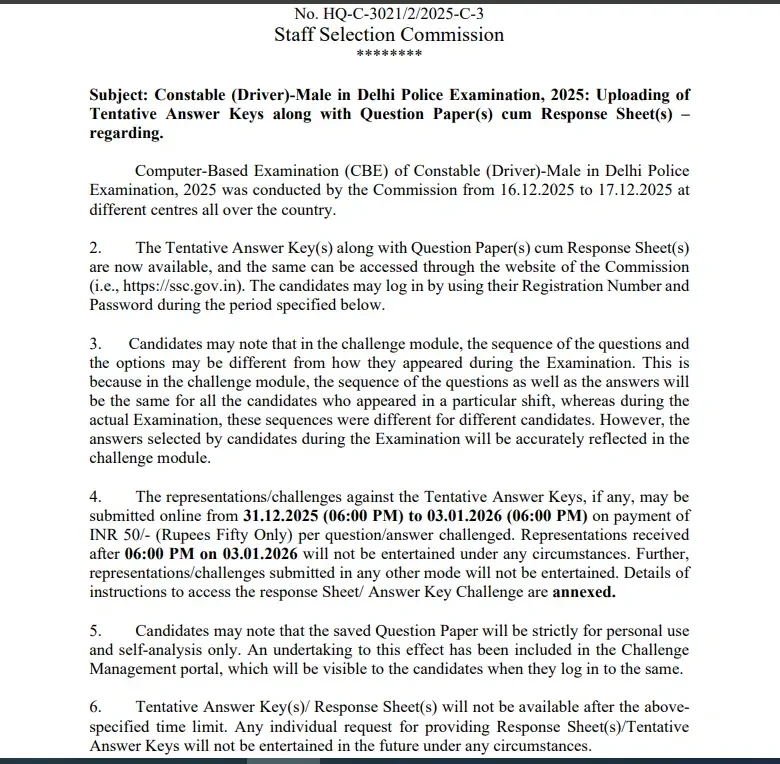 Delhi Police Driver Answer Key 2025 Out at ssc.gov.in, Response Sheet Link