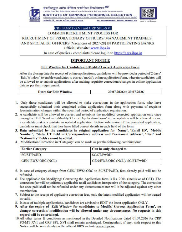 IBPS PO & SO Application Correction Window 2026 Opens, Check Correction Fee_3.1