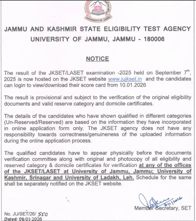 JKSET Result 2025 PDF Download and Merit List