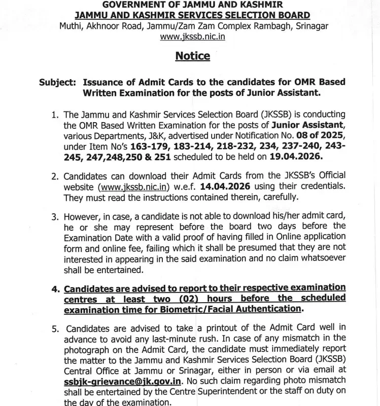 JKSSB Junior Assistant Admit Card 2026 Out at jkssb.nic.in, Download Hall Ticket PDF_3.1