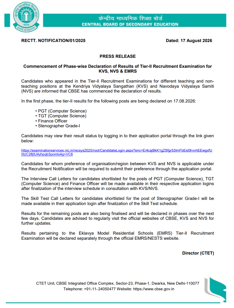 Common Recruitment Exam for KVS & NVS Teaching & Non-Teaching Posts By CBSE_3.1