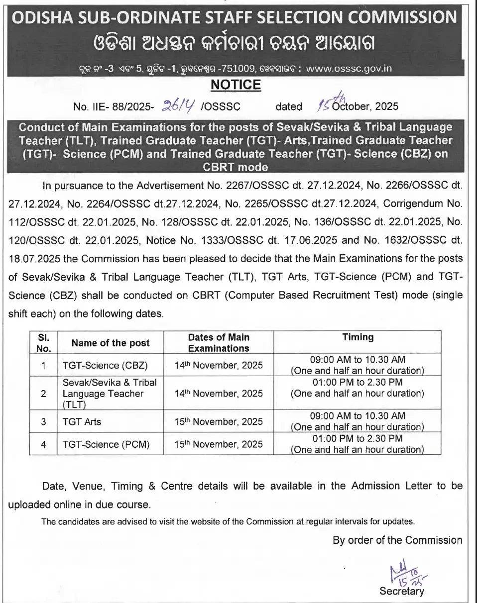 OSSSC Sevak Sevika Mains Exam Date 2025