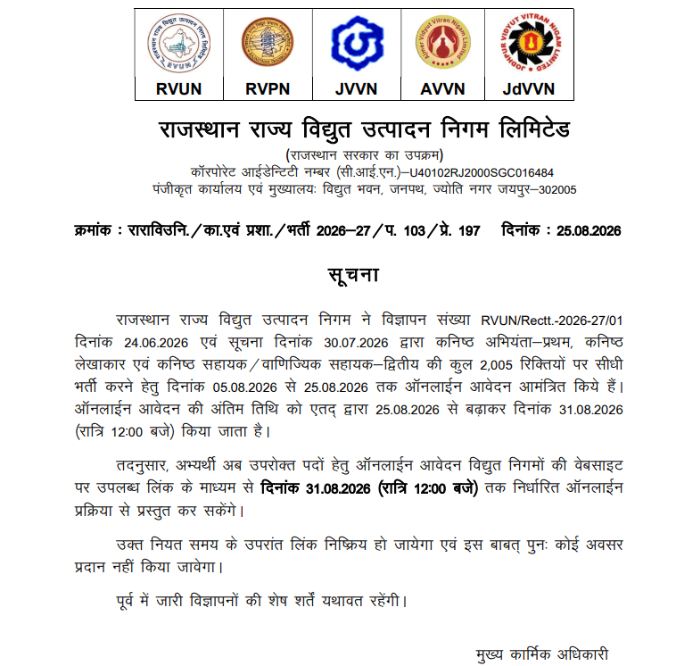RVUNL Recruitment 2026 (2005 Junior Assistant & Other Posts), Last Day To Apply_3.1