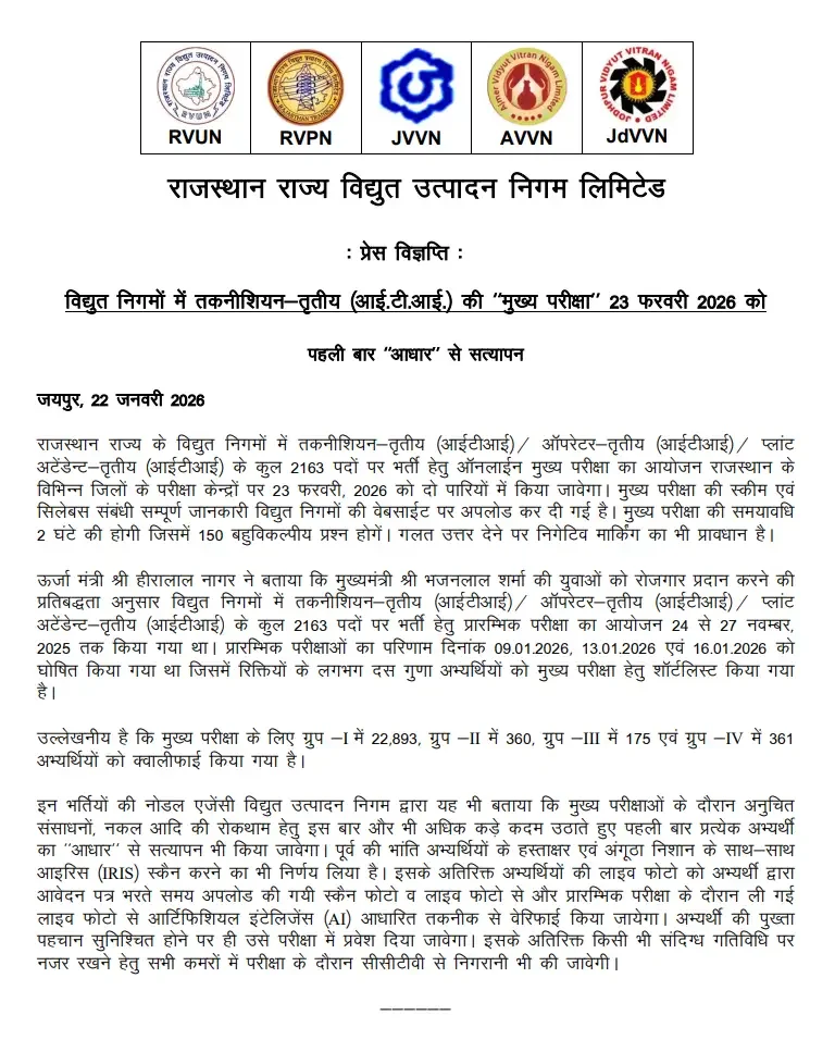 RVUNL Technician Mains Admit Card 2026 Out, Hall Ticket Download Link_3.1