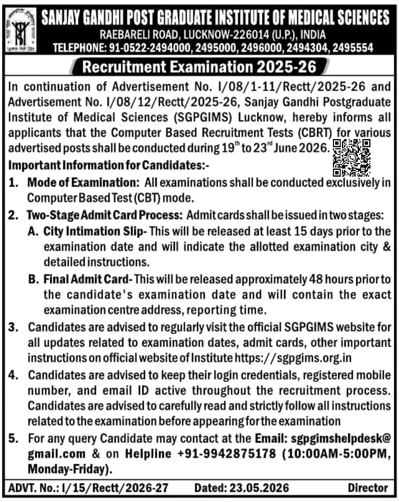 SGPGI Nursing Officer and Non-Teaching Exam Date 2026 Official Notice