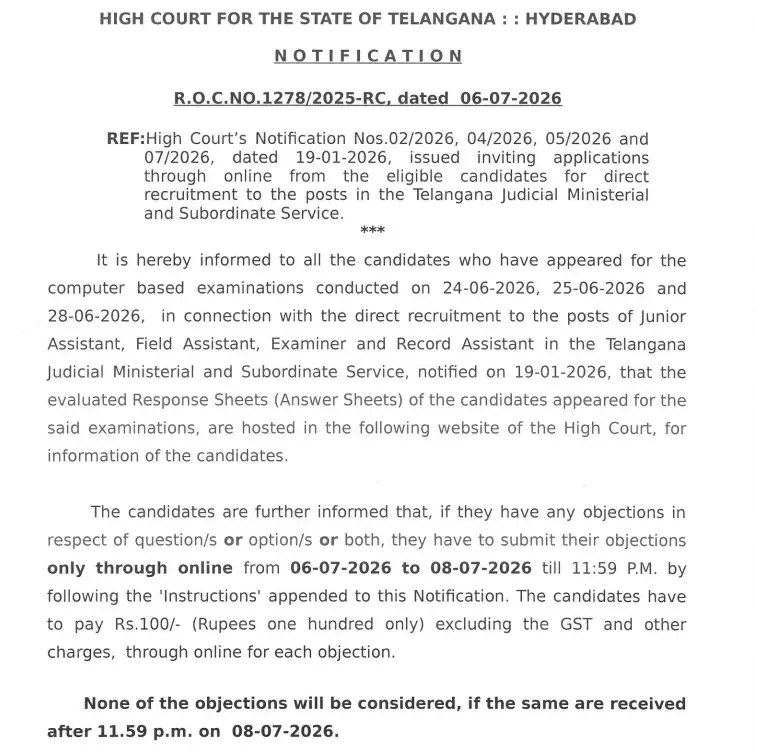 Telangana District Court Answer Key 2026 Out, Download TSHC Response Sheet PDF