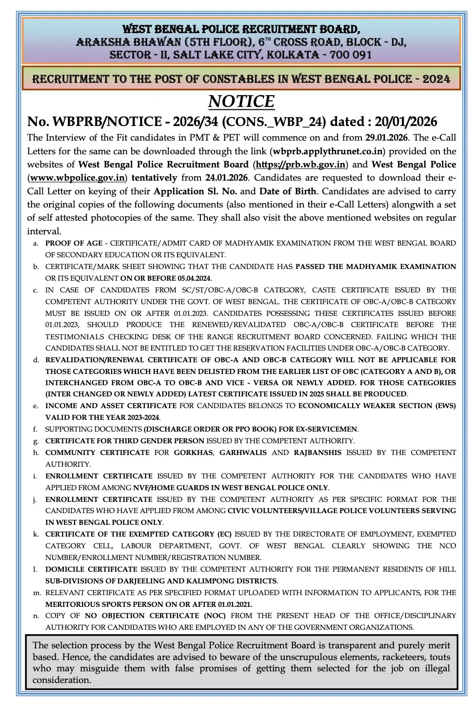 WBP Constable Interview Schedule 2026 Out, Call Letters from 24 Jan_3.1