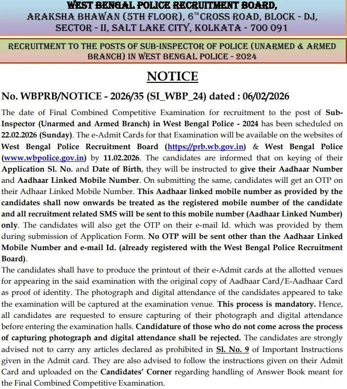 WBP SI Admit Card 2026 Out for Final Written Exam, Hall Ticket Download Link_3.1