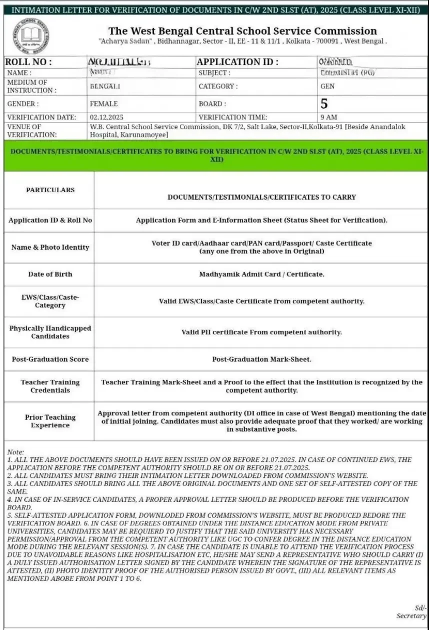 WBSSC SLST Intimation Letter 2025 Out, Download DV Call Letter Link_4.1