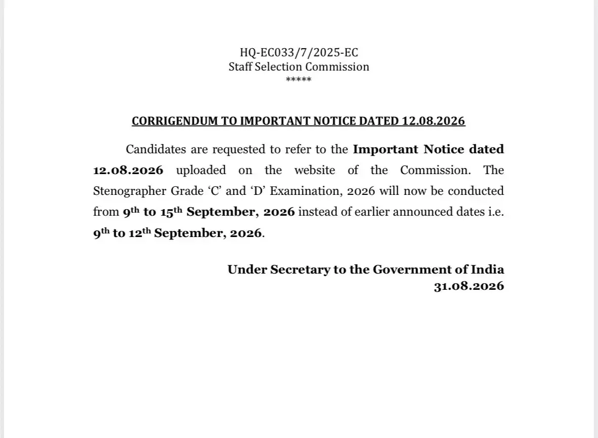SSC Stenographer Exam Schedule 2026